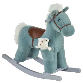 Blue Plush Rocking Horse with Bear Toy for Toddlers Realistic Sounds Soft & Cozy Rocker Ideal for Boys & Girls Playroom