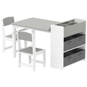 Kids Desk and Chair Set with Paper Roll, Kids Activity Craft Table with Storage Shelves and Drawers, Gray