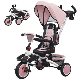 6 in 1 Kids Tricycle with Adjustable Push Handle, Removable Canopy, Reversible Seat, for 1-5 Years, Pink