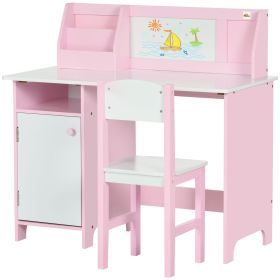 Toddler Table and Chair Set, Kids Writing Desk Homework Table with Whiteboard, Storage Cabinet, Pink