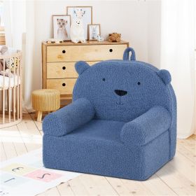 Bear-Shaped Kids Sofa, Teddy Fleece Foam Chair for Toddlers 3+, Portable Bear-Shaped Couch (Navy)