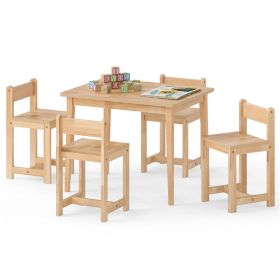 Kids Wooden Table and Chairs Set (1 Table + 4 Chairs), Rubber Wood Toddler Activity Set (Natural)