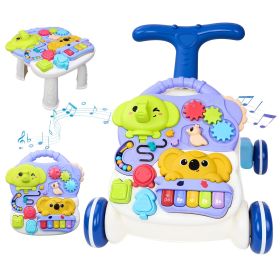 3-in-1 Baby Walker with Piano, Blocks & Game Panel - Sit-to-Stand Toddler Push Toy with Activity Table for Walking & Learning - Blue