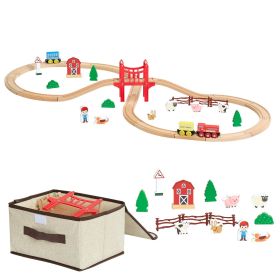 Wooden Train Set, 39PCS, Wood Train Track with Magnetic Trains and Railway Accessories, Compatible with Major Brands, Small Town