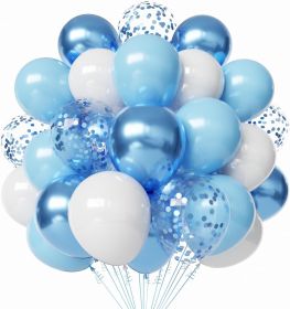 Blue and White Latex Balloons, 60pcs 12 Inches Metallic Chrome Blue and White Confetti Balloons with 1 Ribbon for Bridal Shower, Birthday