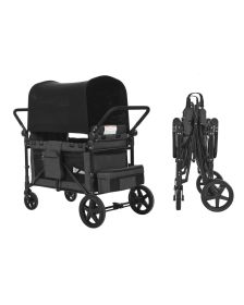 Wagon Stroller for 4 Kids, Push Pull Quad Collapsible Stroller with Adjustable Handle, Safety Harness & Removable Canopy