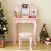 Kids Vanity Table and Chair Set, 2-in-1 Girls Vanity with Tri-Folding Mirror & 3-Color LED Lights, 1 Drawer