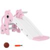 3-in-1 Toddler Slide for Age 1-3, Freestanding Kids Slide with Climber, Basketball Hoop and Ball, Giraffe Design, Pink