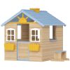 Wooden Playhouse for Kids Outdoor Garden with Working Door, Windows, Bench, Service Station, Flowers Pot Holder, Blue