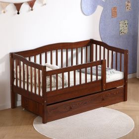 Vertical Fence Brown Painted Pine Toddler Bed with Bottom Drawer and Side Car Bed