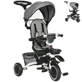 6-in-1 Toddler Tricycle for 12-50 Months, Foldable Kids Trike with Adjustable Seat and Push Handle, Safety Harness, Removable Canopy, Footrest, Grey
