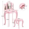 Kids Vanity Table and Chair Set, 2-in-1 Girls Vanity with Tri-Folding Mirror & 3-Color LED Lights, 1 Drawer