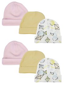 Baby Girls Caps (Pack of 6) (Color: White/Pink, size: Newborn)