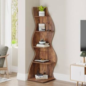 Modern Wave Shape 5 Shelf Corner Bookcase Wood Finish (Color: Brown)