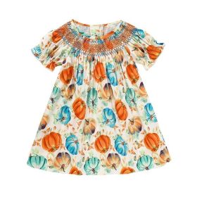 Toddler Baby Girl Pumpkin Smocked Dress Fall Thanksgiving Halloween Embroidered Princess Party Dresses Kids Fall Outfits Clothes (Option: Orange-9to12 Months)