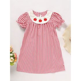 Toddler Kids Girls Back To School Dress Smocked Collar Puff Sleeve Plaid Embroidered Print Dress (Option: Red-2Y)