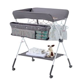 Foldable Baby Changing Diaper Station with Side Basket & Wheels (Color: Dark Grey)
