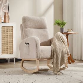 Modern Accent Rocking Chair Rocking Chair with Solid Wood Legs, Upholstered Nursery Glider Rocker, Comfy Armchair with Side Pocket (Color: Beige)