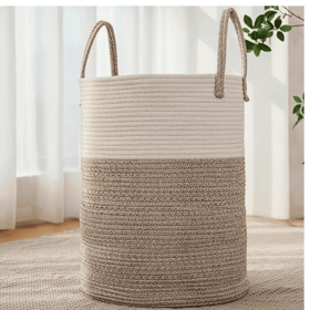 Large Woven Laundry Basket Hamper,60L Cotton Rope Storage Bin for Blankets,Toys and Clothes,Decorative Tall Nursery Hamper for Living Room (Shape: Round)