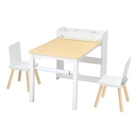 Kids Art Table and Chair Set, Toddler Craft Table with 3 Tiers Storage Cabinet, Wooden Kids Activity Play Desk with 2 Chairs (Combination Type: One Table,Two Chairs,One Cabinet, Color: White)