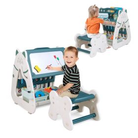 3-In-1 Double Sided Magnetic Dry-Erase Board with Stool and Flipped Writing Desktop (Color: Green)